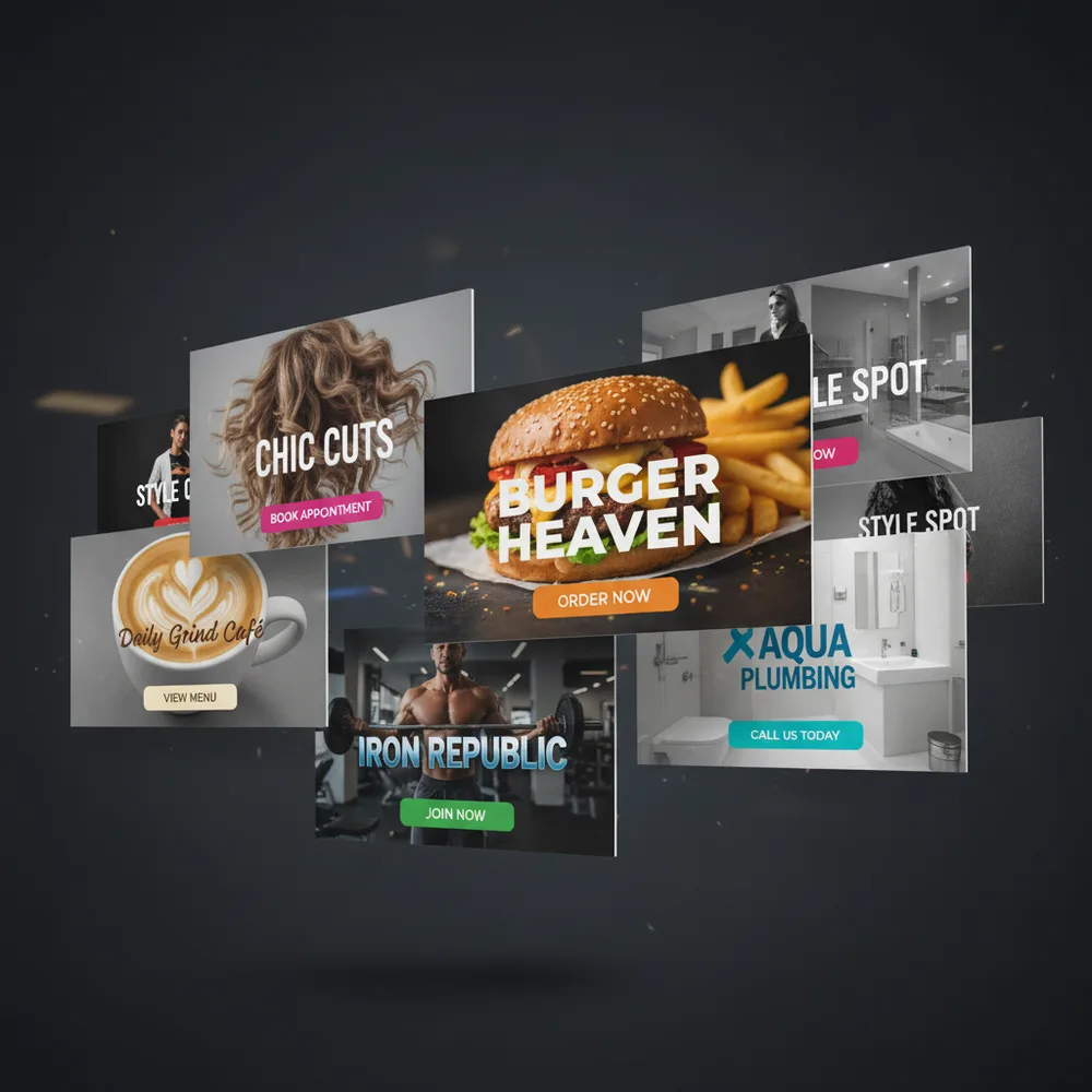 Multiple AI-generated branded social media ads for different businesses floating on dark background