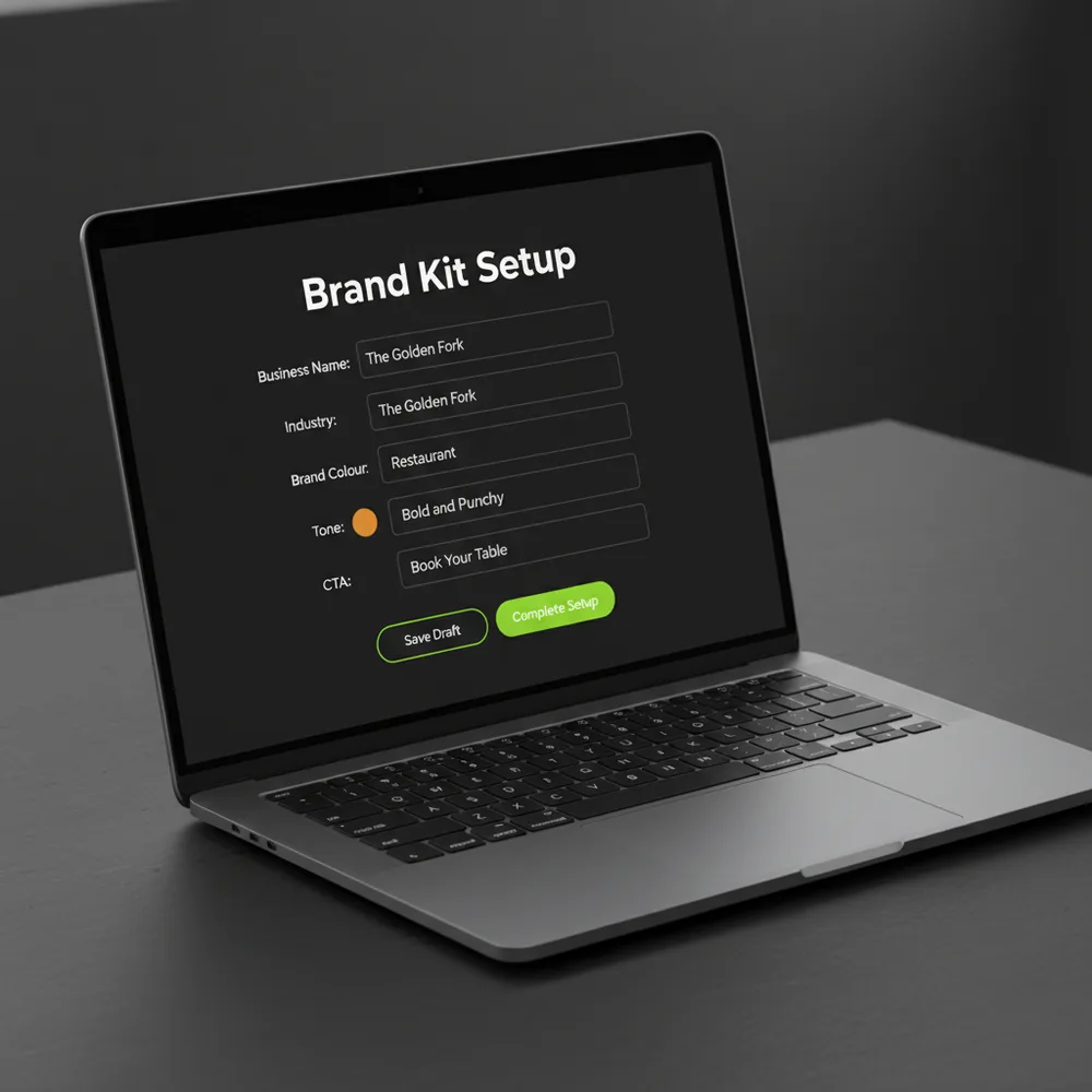 Brand kit setup form showing business name, colours, and tone of voice