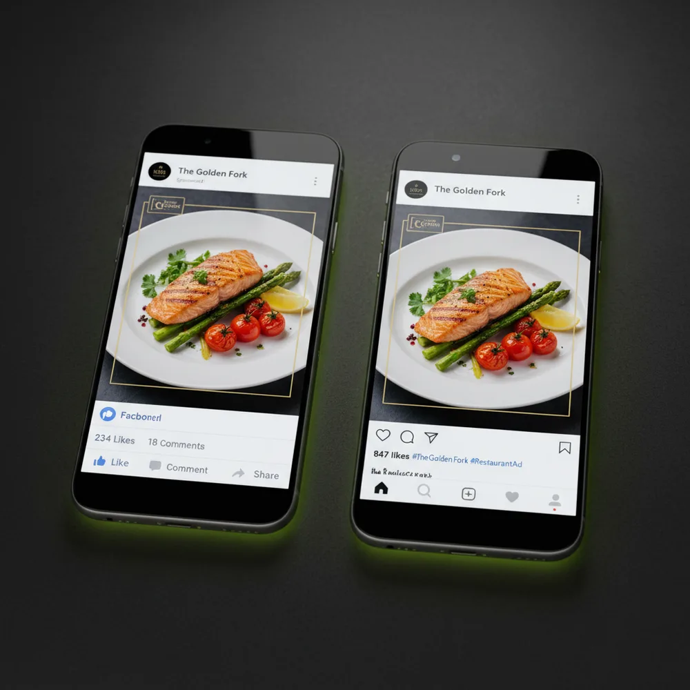 Two smartphones showing the same AI-generated ad posted to Facebook and Instagram with real engagement metrics