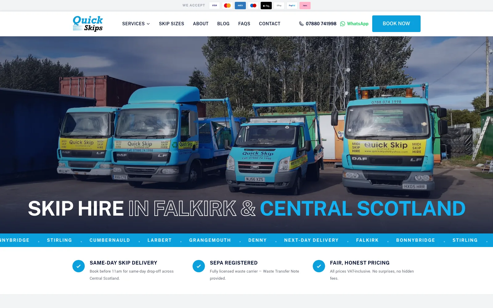 Quick Skips Falkirk website homepage